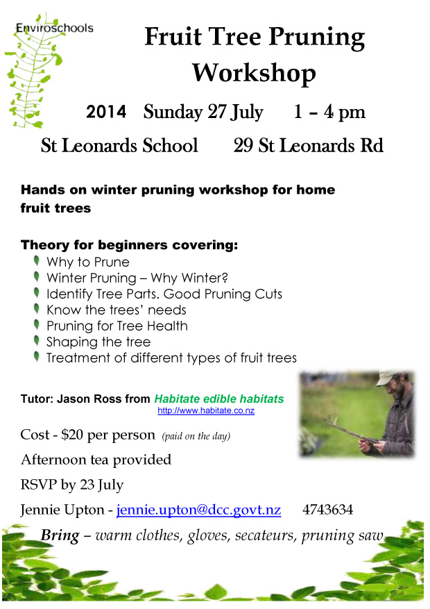 Book now for this hands on fruit tree pruning workshop being held at St Leonards School in association with Enviroschools. Tutor is Jason Ross from Habitate edible habitats