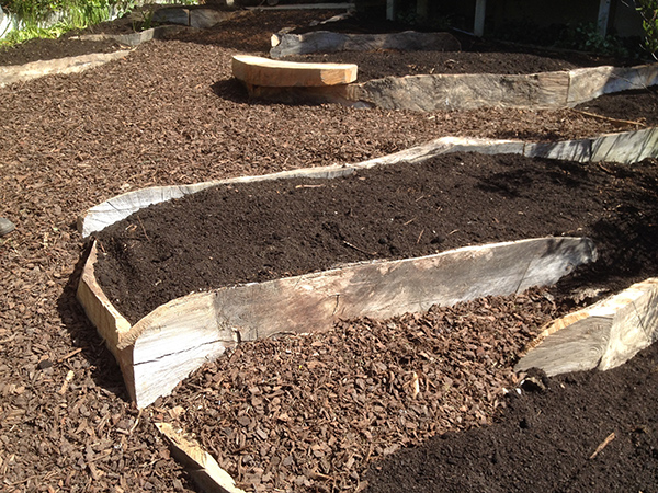 Elm half round terrace garden beds and seating - Utilising on site resources for unique and beautiful results