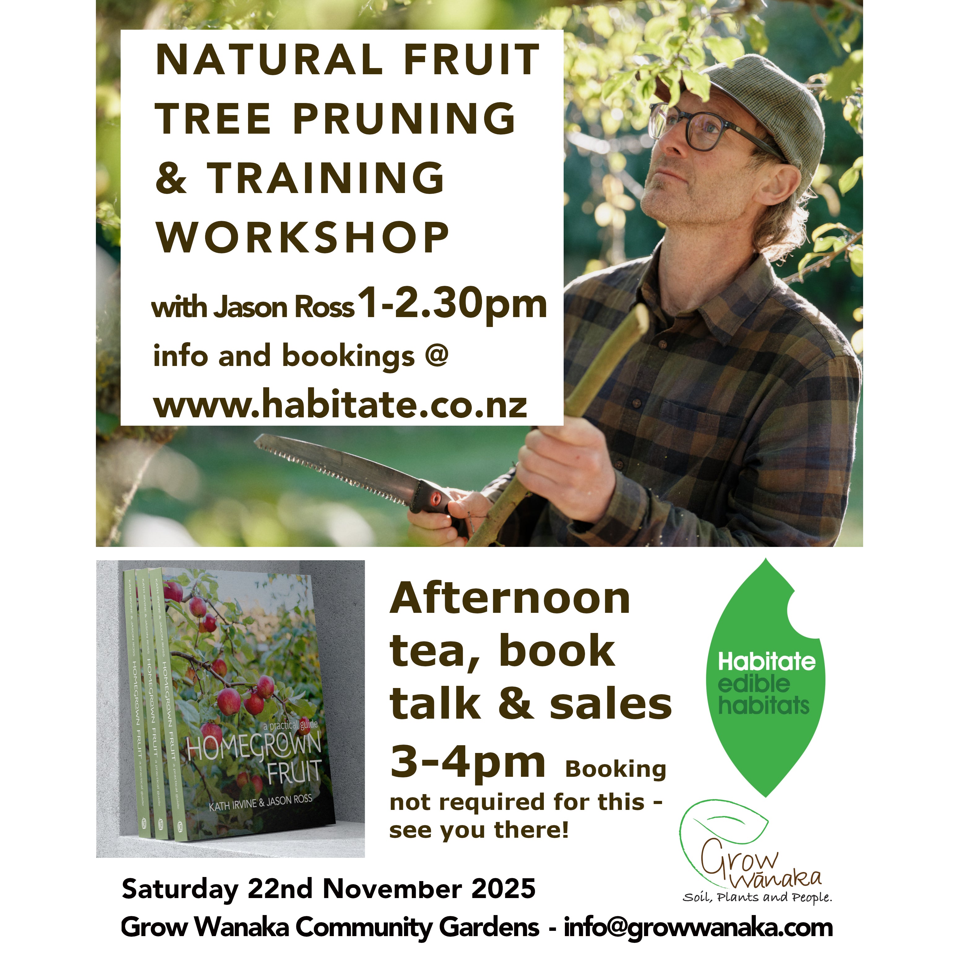 Poster for fruit tree pruning workshop with jason ross at grow wanaka 22nd November 2025
