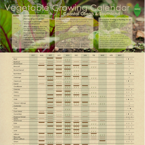 Habitate Vegetable Growing Calendar for Coastal Otago & Southland | Wall Chart